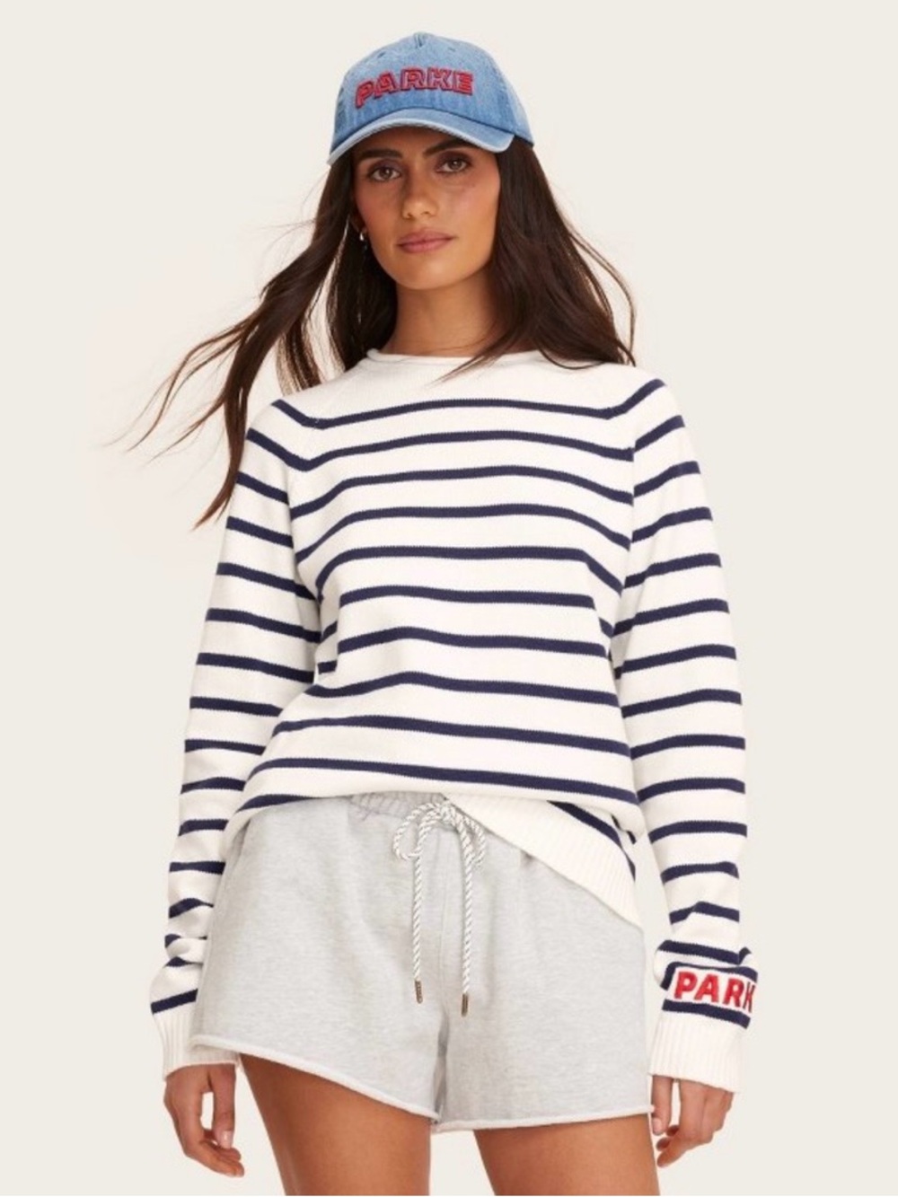 Striped Crewneck Sweater in White and Navy - Picture 2 of 2